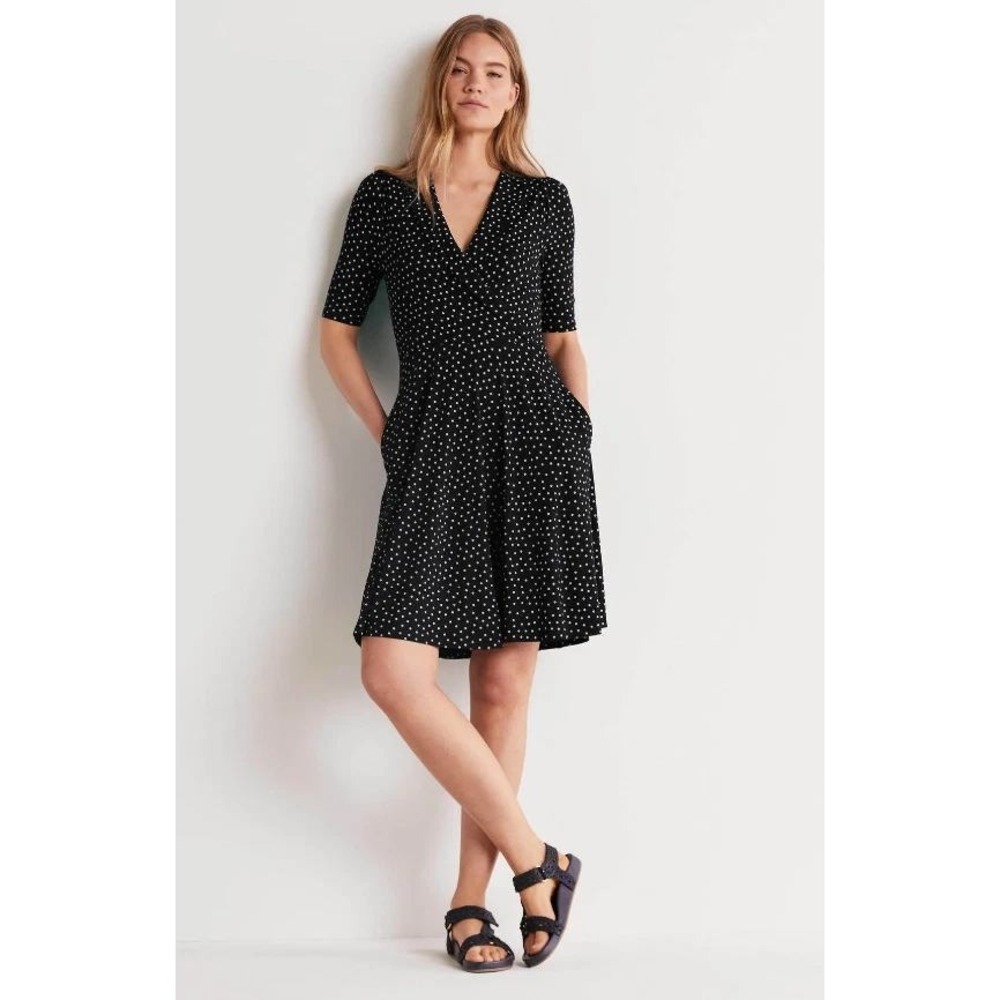 Boden Fixed Wrap Polka Dot Midi Dress 10 Navy Blue Pockets Retro Pinup Twee Chic